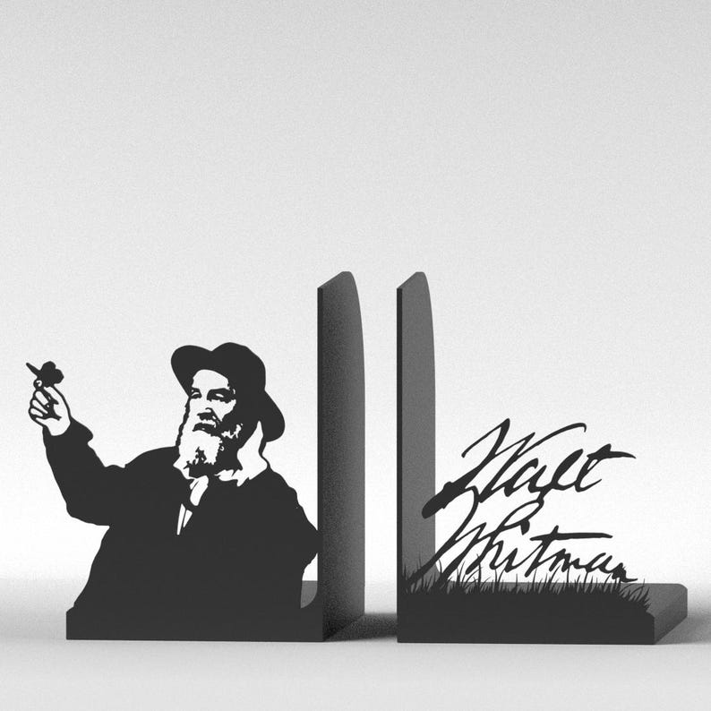May include: Black metal bookends featuring a silhouette of Walt Whitman holding a flower, and his signature. The bookends are designed to hold books upright and add a decorative touch to any bookshelf.