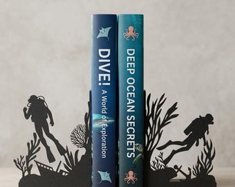 Scuba Diver Bookends, Ocean Bookshelf Decor, Nautical Book End, Underwater Coral Reef Shipwreck Book Stand, Diver Gift for Men Office Decor