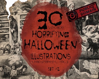 May include: A digital download of 30 vintage Halloween illustrations. The illustrations are in black and white and feature spooky images like skeletons, ghosts, and cats. The text "30 vintage horrifying Halloween illustrations transparent pngs set #2" is displayed on a red background.