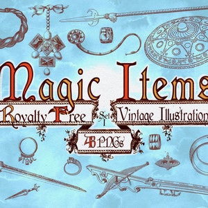 48 TTRPG Magic Items, Transparent PNGs, Vintage Illustrations