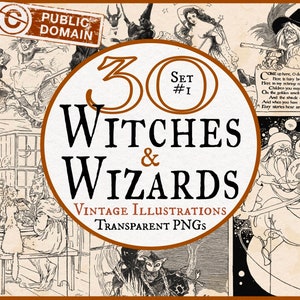 30 Vintage Witch and Wizard Illustrations Bundle #1, Transparent PNG, Fantasy Clip Art