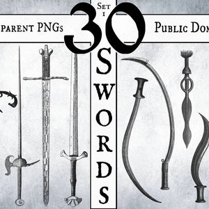 May include: Set of 30 swords in black and white, with a vintage style, on a textured background.  The text "TRANSPARENT PNGs" and "PUBLIC DOMAIN" is at the top of the image.  The text "SWORDS" is in a vertical column to the right of the swords.