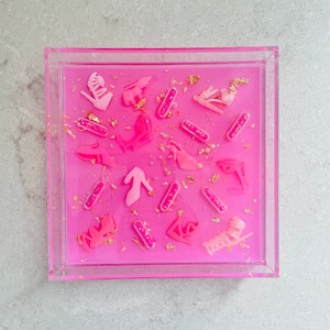 Barbies Shoes 6x6 Pink Acrylic Resin Catchall Tray with Gold Leaf Flake and Sprinkle Capsules