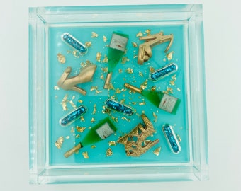 Champagne and Barbie Shoes Square 4x4 Teal Acrylic Resin Catchall Tray with Gold Leaf Flake and Metallic Rods