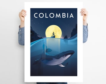 Pacífico, Kolumbien Poster, Wal, Pazifik, Waldruck, Reiseposter Kolumbien, Kartell, Wandkunst 24x40 30x40 40x50 50x70 60x90 cm A2 A3