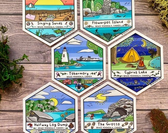 Bruce Peninsula Vinyl Sticker, Tobermory Ontario, The Grotto, Flowerpot Island, Cyprus Lake, and Singing Sands Beach, Halfway Log Dump