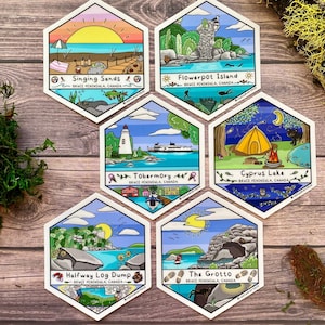 Autocollant en vinyle de la péninsule Bruce, Tobermory (Ontario), la grotte, l'île Flowerpot, le lac Cyprus et la plage de Singing Sands, décharge de bûches à mi-chemin