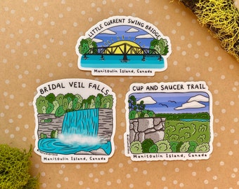 Island Time Series, Vinyl Stickers, Manitoulin Island, Little Current Swing Bridge, Cup and Saucer Trail, Bridal Veil Falls, Ontario Canada