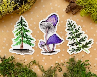 Forest Finds Collection, Water Colour, Vinyl Sticker, Purple Mushroom, Pine Tree, Fern, Bruce Peninsula, Fathom Five, Ontario Canada