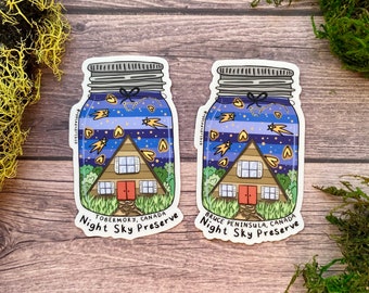 Night Sky Preserve, Vinyl Sticker, Mason Jar, A-Frame Cabin, Northern Bruce Peninsula, Milky Way Galaxy, Ontario Canada