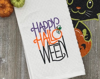 Happy Halloween Tea Towel, Dish Towel, Kitchen Towel, 100% Natural Waffle Weave Cotton