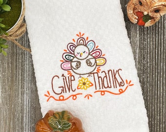 Thanksgiving Tea Towel with Turkey, Dish Towel for Fall, Kitchen Towel, 100% Natural Waffle Weave Cotton