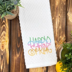 Happy Spring besticktes Geschirrtuch: Waffelgewebe aus 100% Baumwolle