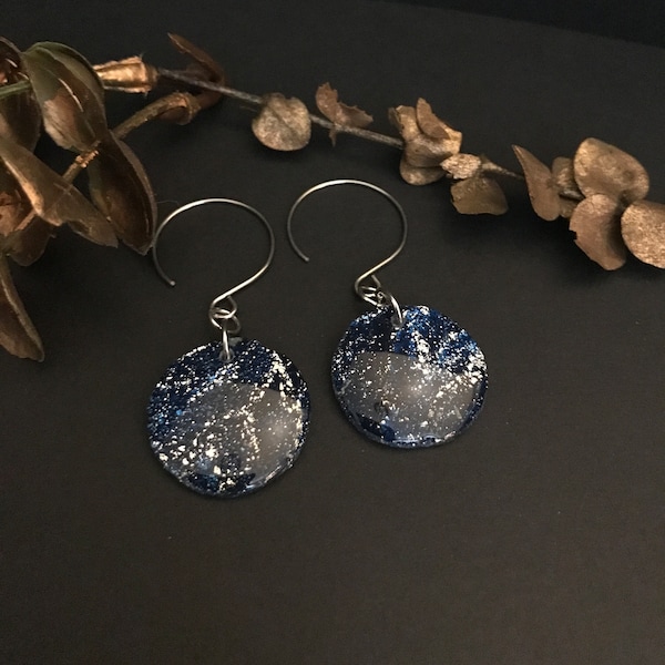 Handmade Clay Earrings, Starry Night Blue Dangle Earrings, Resin Jewelry, Navy Midnight Blue and Silver Orbit Round Hoop Wire Earring