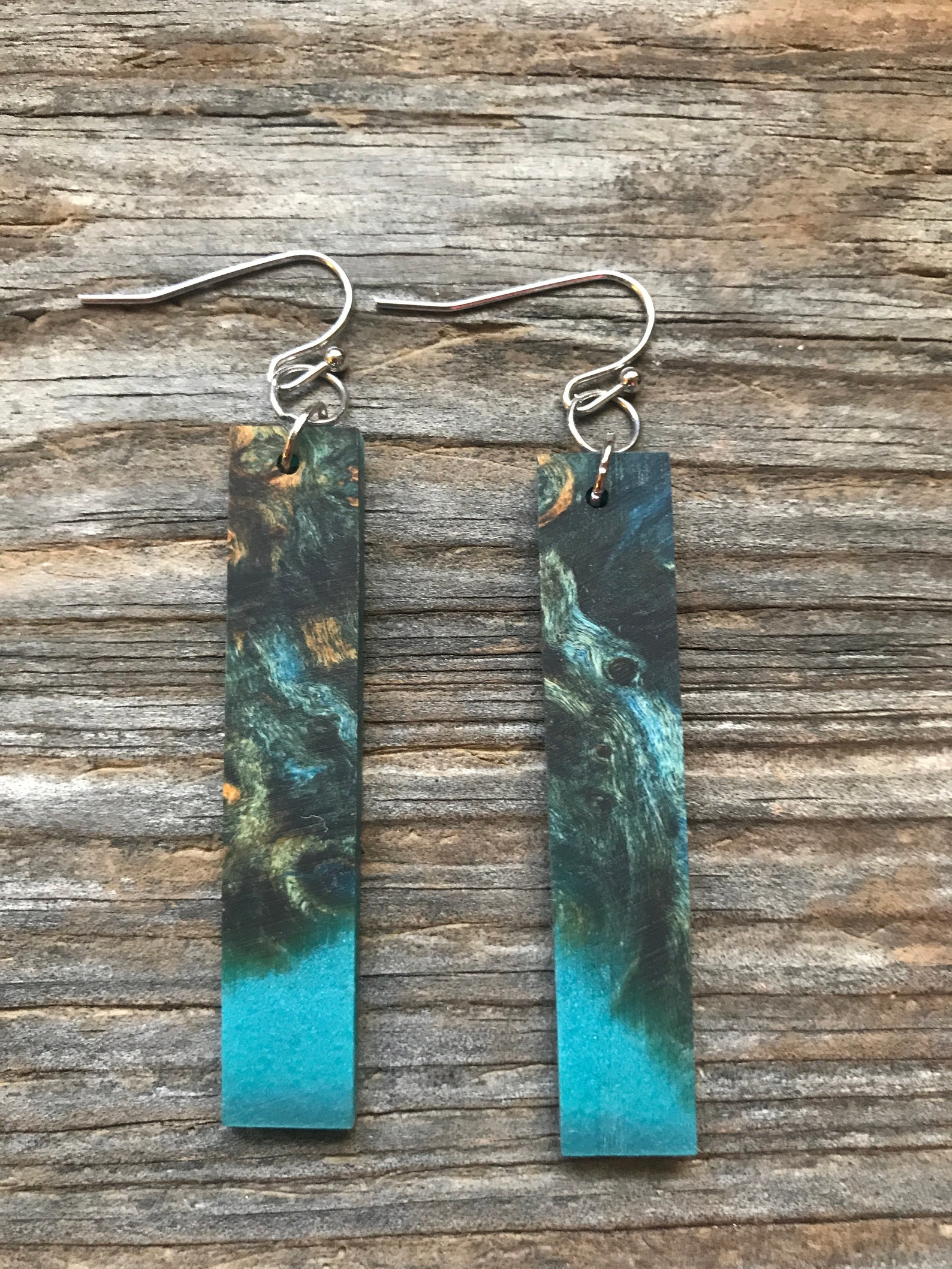 Handmade Wood Earrings, longies, Upcycled Jewelry, Turquoise Teal Resin, Gifts for Her, Recycled