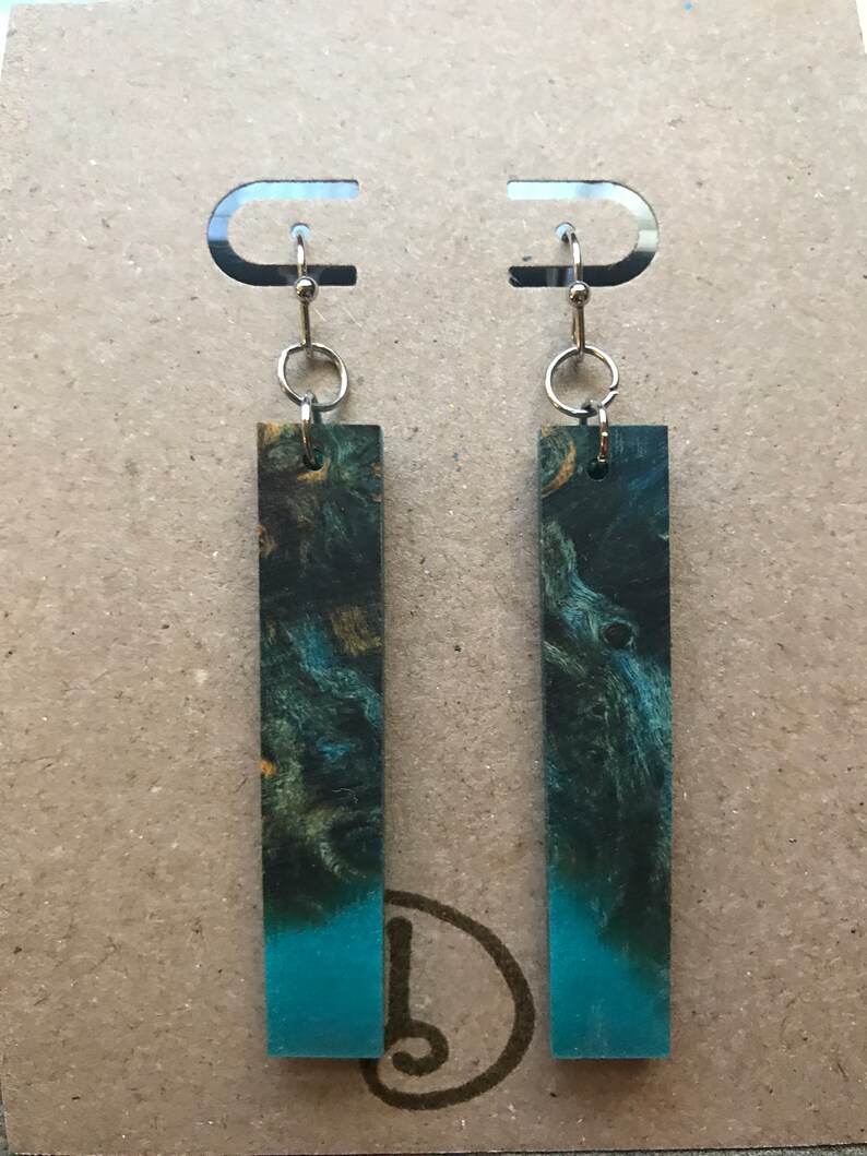 Handmade Wood Earrings, longies, Upcycled Jewelry, Turquoise Teal Resin, Gifts for Her, Recycled