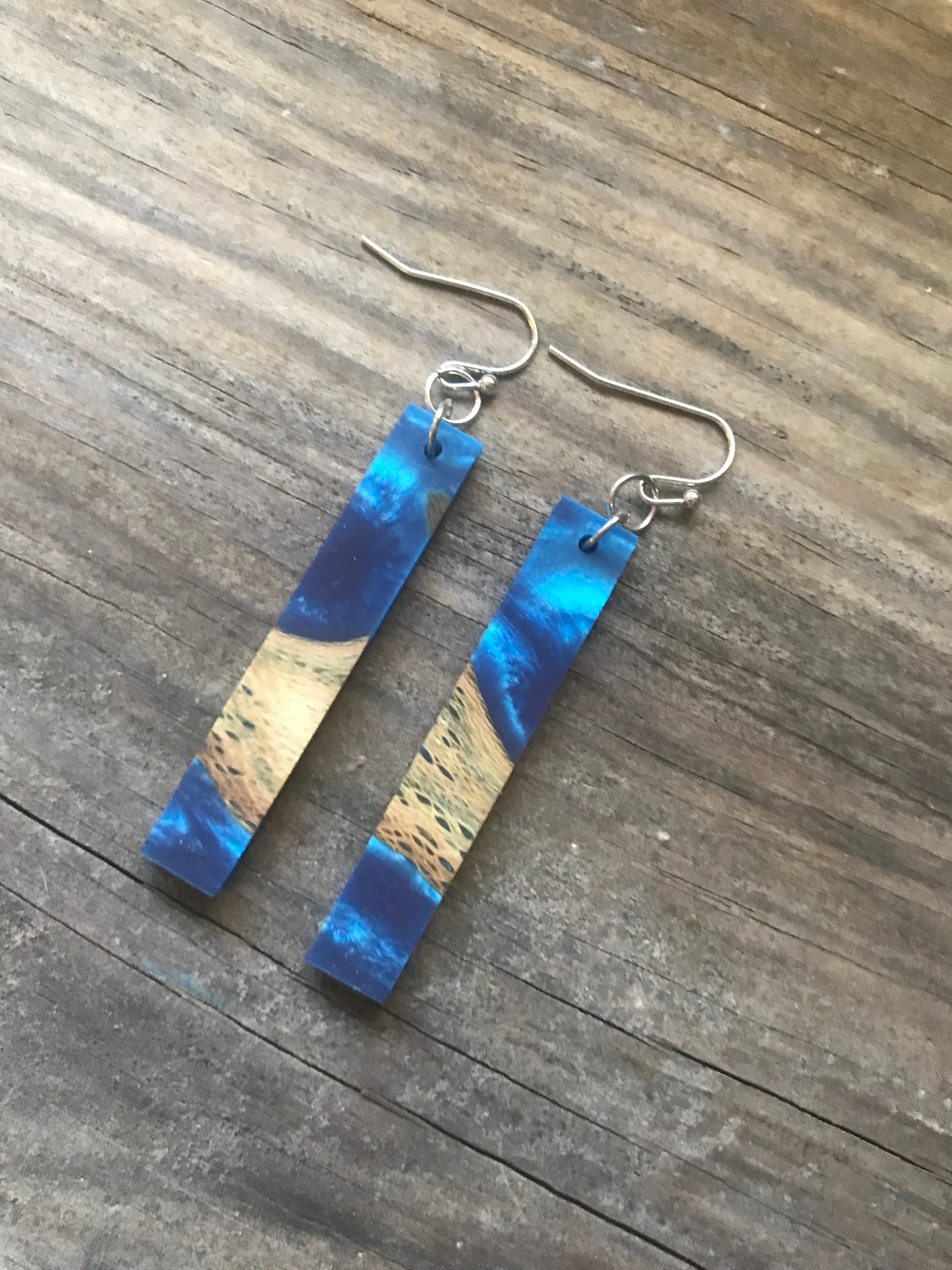 Recycled Handmade Wood Earrings, longies, Cholla Cactus Wood, Vibrant Blue Resin, Upcycled
