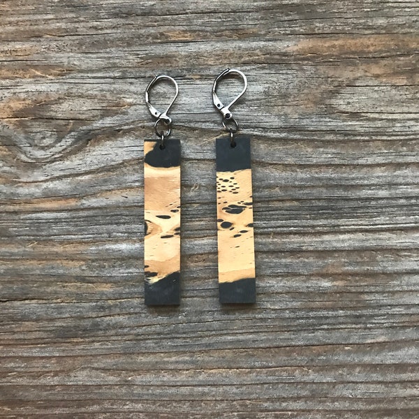 Handmade Upcycled Wood Earrings, "Longies", Black Resin, Cholla Cactus Wood, Rectangle Dangles, Gifts for Her, Handcrafted Unique Jewelry