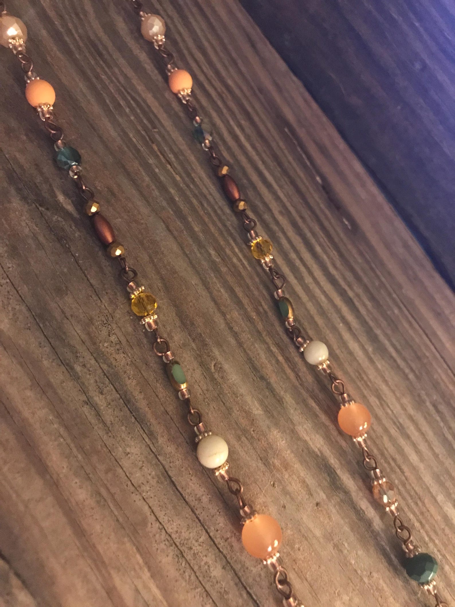 Long Handmade Beaded Chain Necklace, Green, Cream, Orange Colors ...