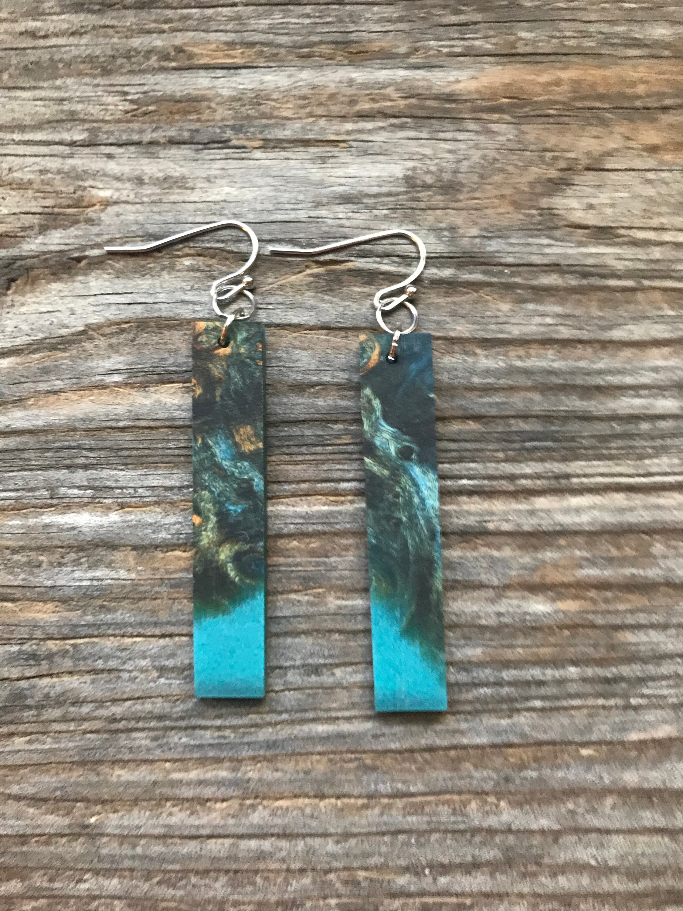 Handmade Wood Earrings, longies, Upcycled Jewelry, Turquoise Teal Resin, Gifts for Her, Recycled
