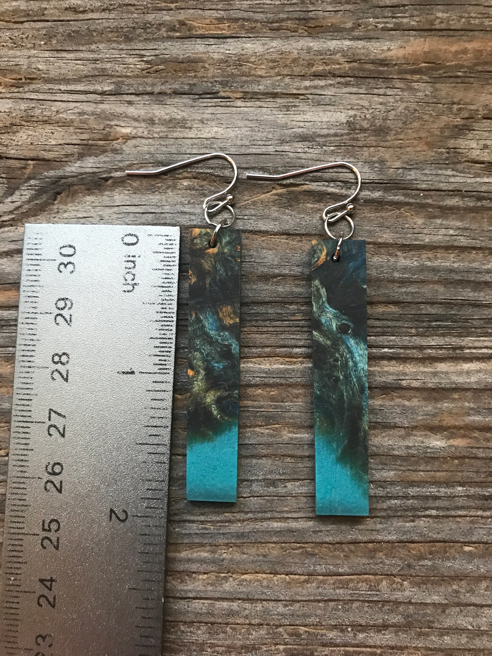 Handmade Wood Earrings, longies, Upcycled Jewelry, Turquoise Teal Resin, Gifts for Her, Recycled