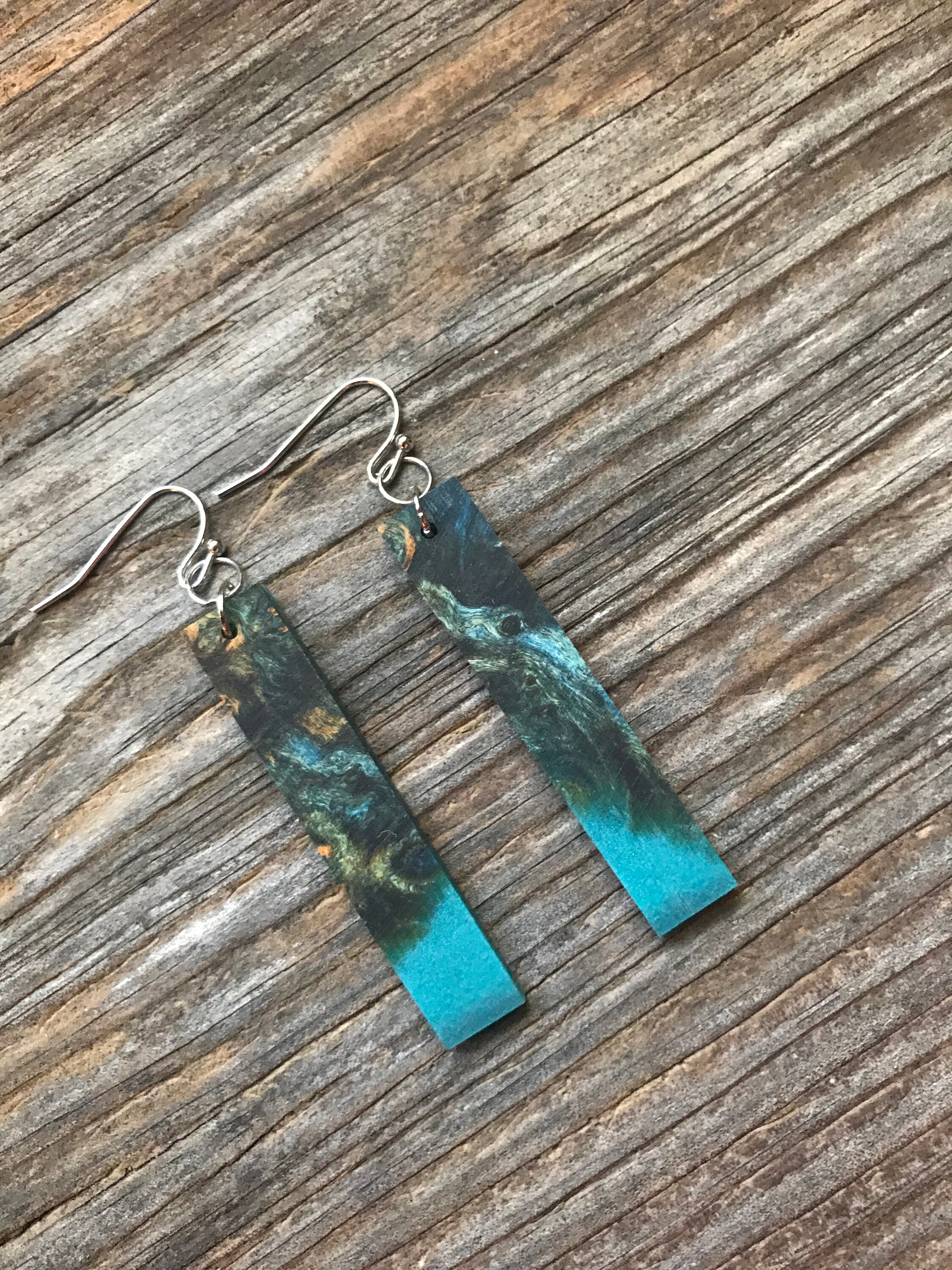 Handmade Wood Earrings, longies, Upcycled Jewelry, Turquoise Teal Resin, Gifts for Her, Recycled