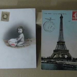 Lote vintage com 2 fotos Postal Paris 1911 torre ifiel com selos da França e Espanha