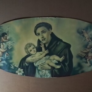 Vintage Oval Print Saint Anthony with baby Jesus on his lap 77 x 36 cm.