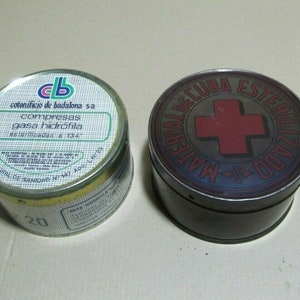 Tim Box Lot of 2 boxes of empty tins of compresses, vintage pharmacy jars