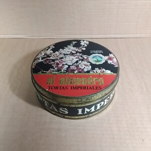 Vintage Tin Box El Almendro, Imperial Towers, round tin nougat box