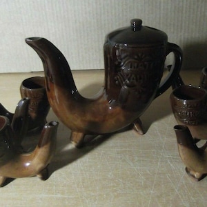 Vintage Tea or liquor set XAHKPYM WATRA terracotta, Horn glass Russia