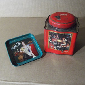 Coca Cola Vintage Tin Box + Small Tray Square Coke Tin Box + Coaster