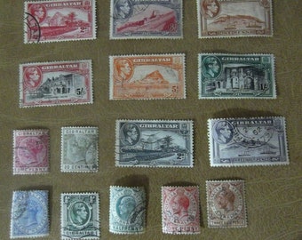 Vintage Stamp Lot x 29 timbres anciens Gibraltar britannique Edouard VIII etc. Cachet de la poste utilisé
