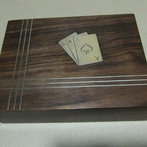 Vintage Wood Box Caja estuche Barajas Cartas Juego Madera Palosanto Motivos Latón