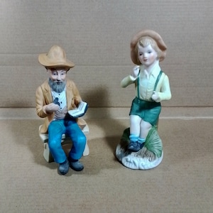 Vintage-Los 2 x Porzellan-Keksfiguren, Alter Mann + Kind, dekorative Figuren