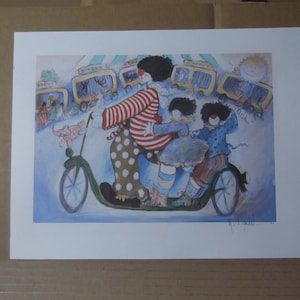 Vintage painting watercolor circus clowns on bicycles 21 x 16 cm. Signed M Boulet