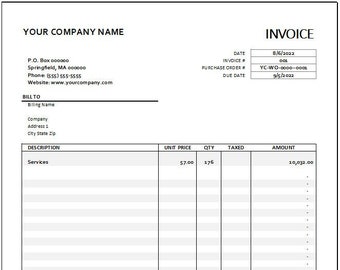 May include: A black and white invoice with the title "YOUR COMPANY NAME" and the text "INVOICE" at the top. The invoice includes a description of services, unit price, quantity, taxed, and amount. The invoice also includes payment options and contact information.