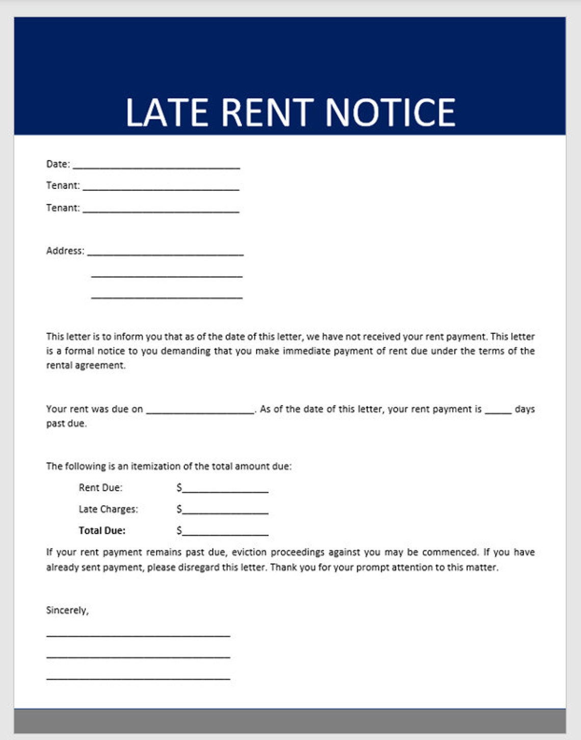 Late Rent Notice Overdue Rent Form Editable Word Docx Instant Download Etsy