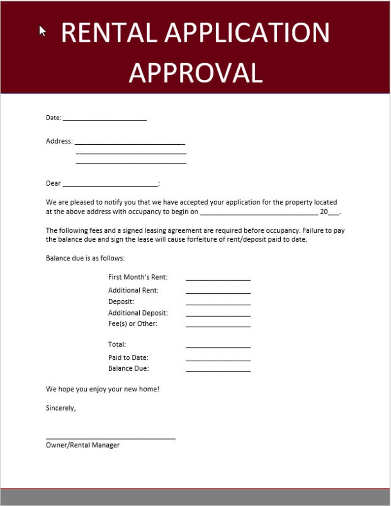Rental Applicant Approval Notice Tenant Approval Form Etsy