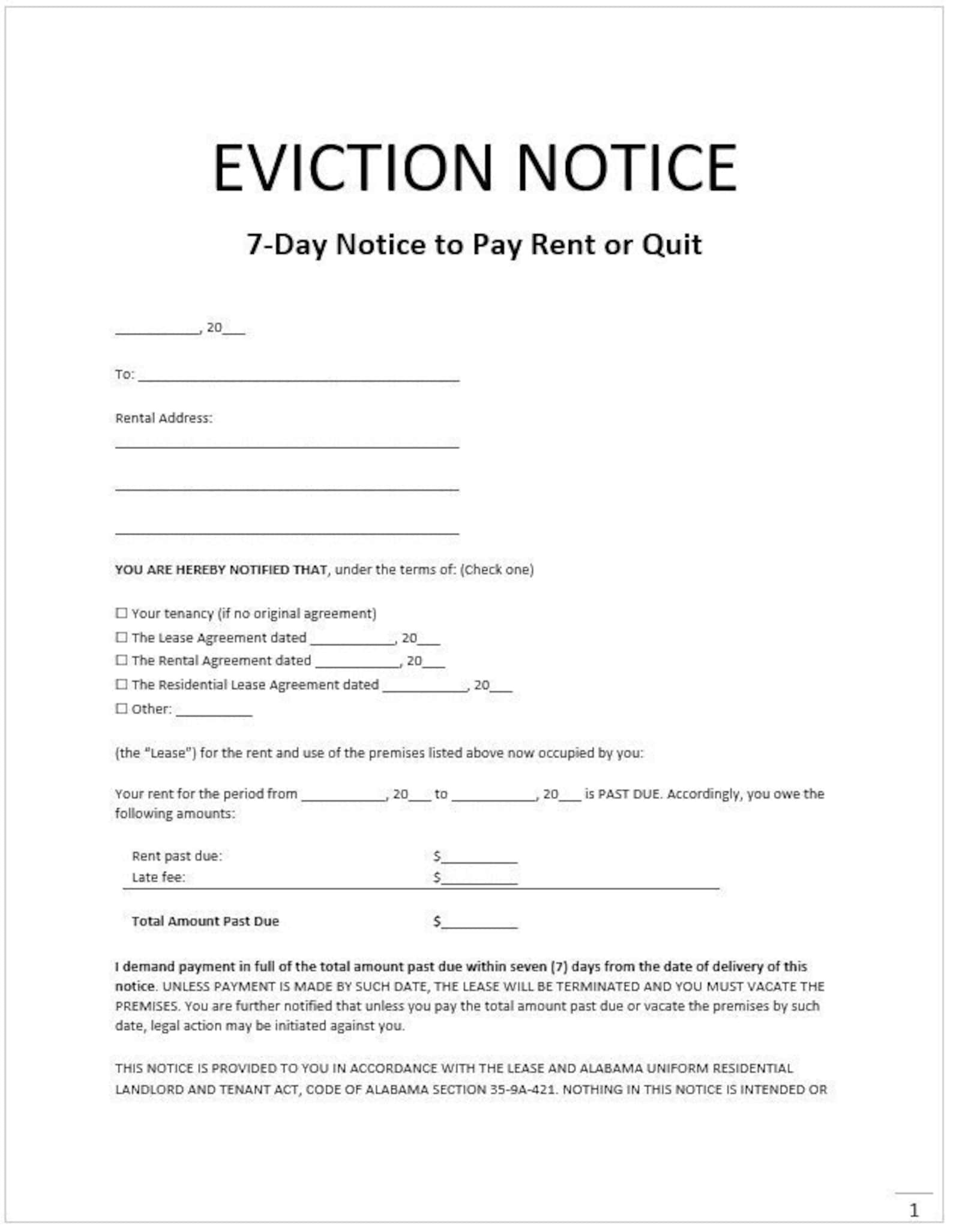 Eviction Notice Eviction Form Notice to Vacate Premises Proof of