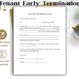 May include: A printable tenant early lease termination letter template. The document includes fields for the tenant's name, date, and reason for early termination. It also includes a section for the tenant to indicate whether the security deposit should be returned or withheld.