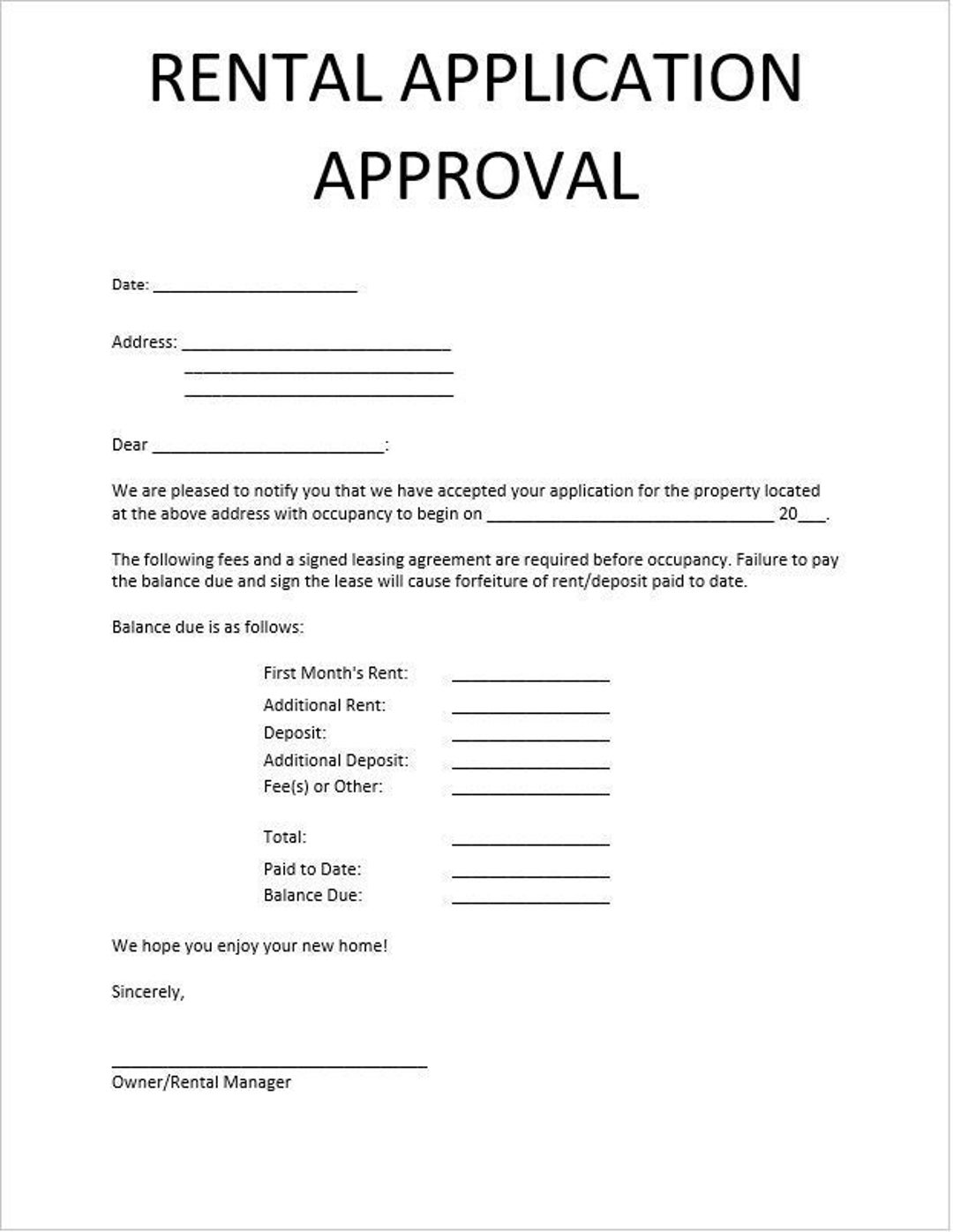 Rental Applicant Approval Notice Tenant Approval Form Etsy