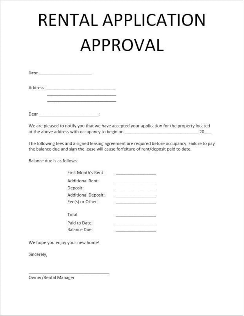 Rental Applicant Approval Notice Tenant Approval Form Editable Word Docx Instant Download Active