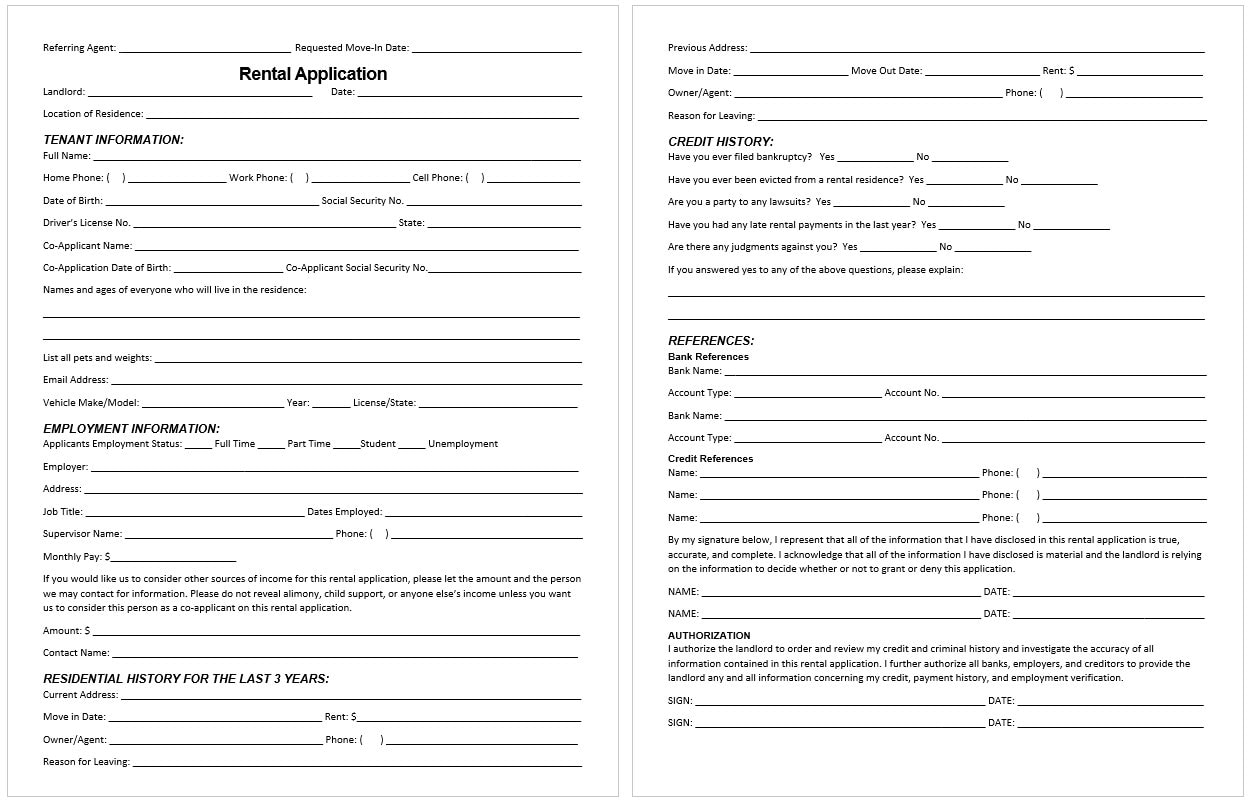 Rental Application Form - Tenant Profile Form - Editable Word Docx ...
