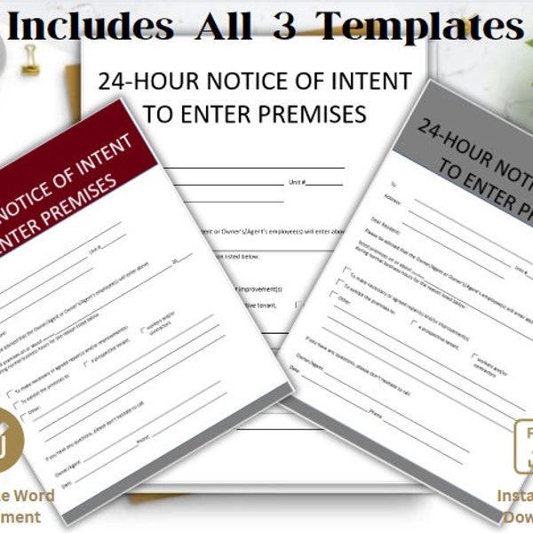 Rental 24-Hour Notice of Intent To Enter Premises - Tenant 24-Hour Entry Letter - Editable word docx - Instant download Active