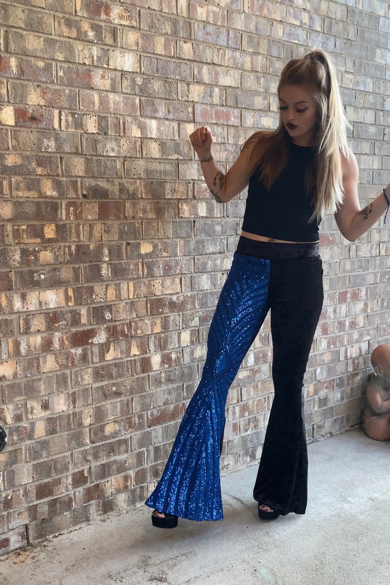Blue Sequin and Black Velvet Stretch Pants Midrise Stretch Etsy