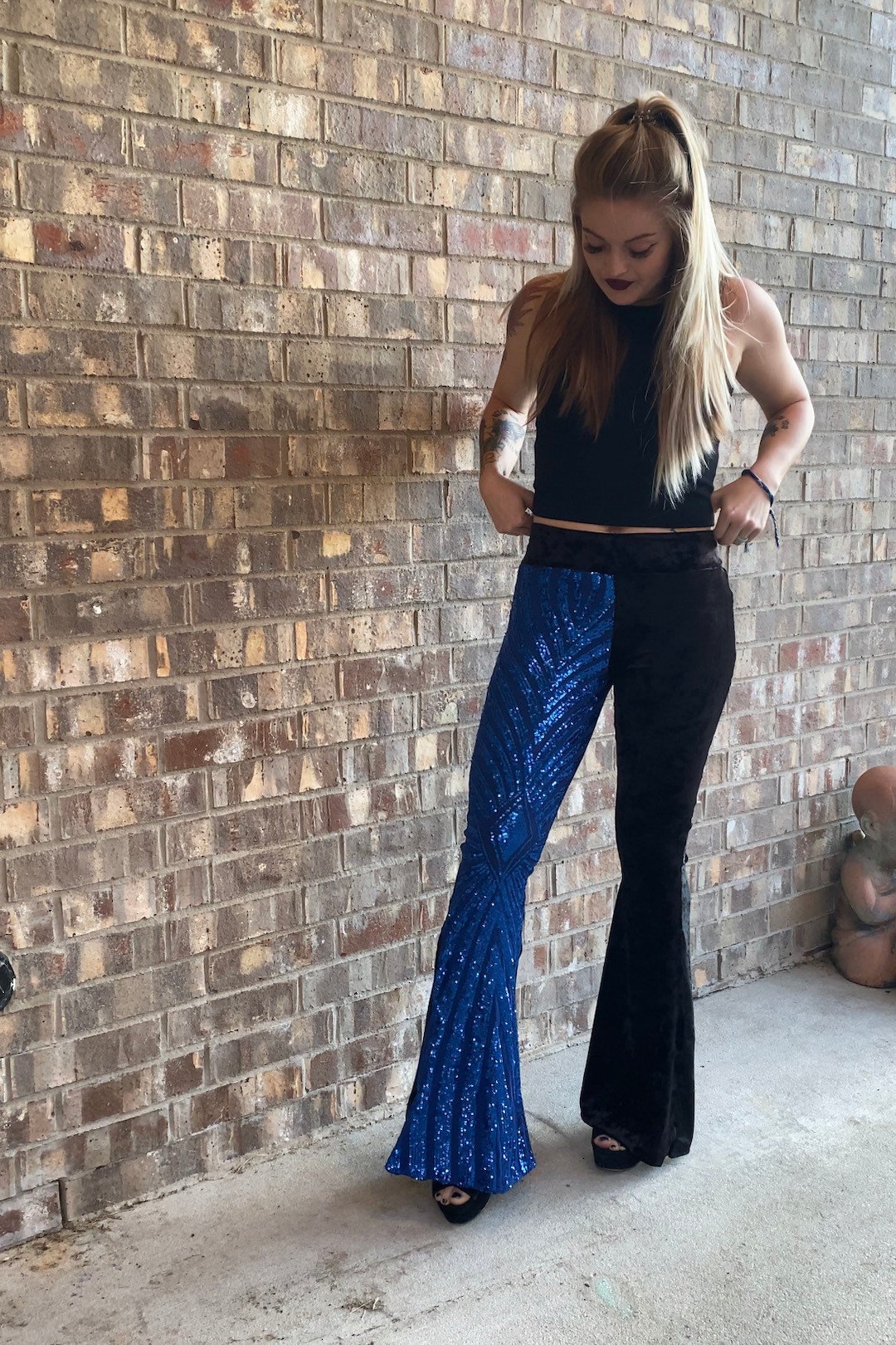 Blue Sequin and Black Velvet Stretch Pants Midrise Stretch Etsy