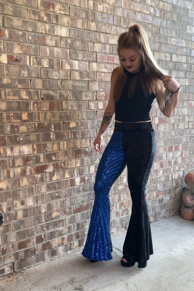 Blue Sequin and Black Velvet Stretch Pants Midrise Stretch Etsy