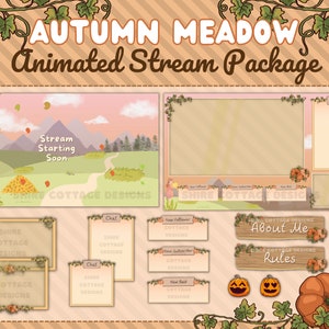 Op de afbeelding: Geanimeerd streampakket met een herfstweidethema. Het pakket bevat een stream-start-scherm, chatboxen, een nieuwe volger-melding, een nieuwe abonnee-melding, een nieuwe raid-melding, een "over mij"-paneel en een regelpaneel. De panelen zijn versierd met pompoenen, bladeren en wijnstokken.