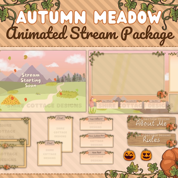 Autumn Meadow Stream Package w/Animated Cutscenes! Cute Overlay Pack - Pumpkin Emotes - Fall Twitch Package - Cute Twitch Accessories